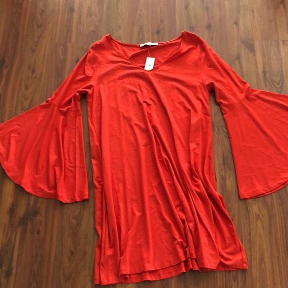 NWT LOFT flowy Orange/Red Rayon spandex bell sleeve V-neck dress size L - Picture 8 of 8